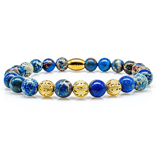 Perlenarmband Blue Imperial Jaspis Perlen Lace 24k vergoldet