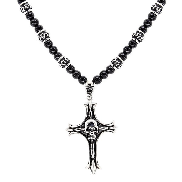 Black Onyx Halskette verziertem Kreuz mit Totenkopf