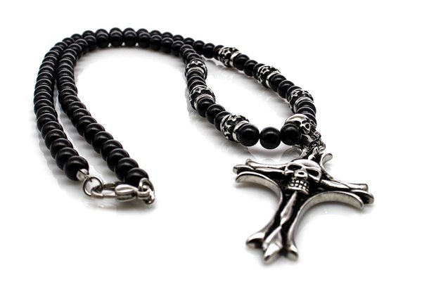 Black Onyx Halskette verziertem Kreuz mit Totenkopf