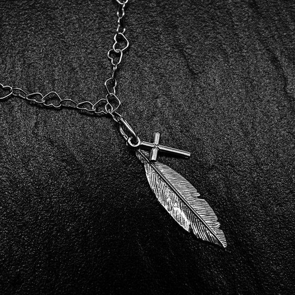 Herz Kette Halskette mit Kreuzanhänger und Feder 925 Sterling Silber