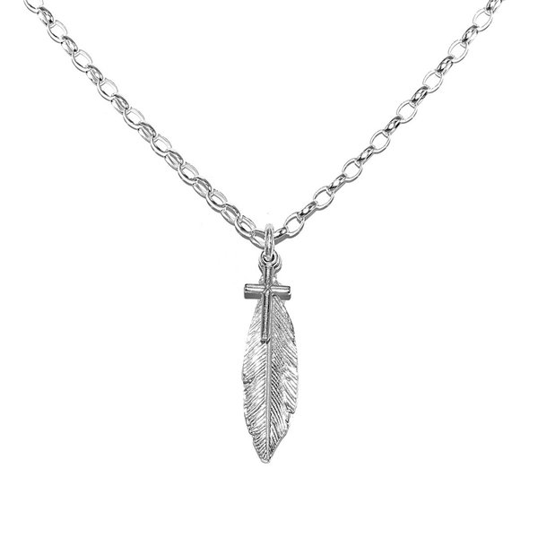 Rolo Kette Halskette mit Kreuzanhänger und Feder 925 Sterling Silber