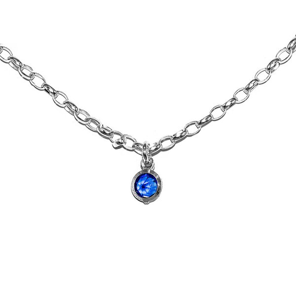 Rolo Kette Halskette mit Anhänger Rund Kristall Blau  925 Sterling Silber