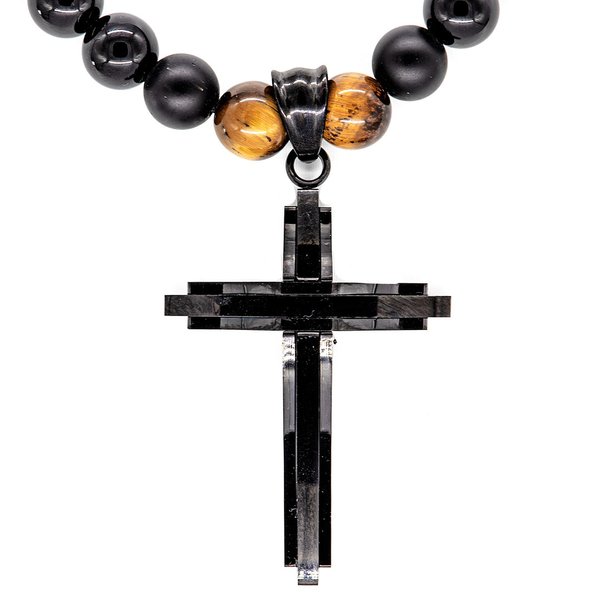 Black Onyx Tigerauge Perlenhalskette mit Edelstahlkreuz Schwarz