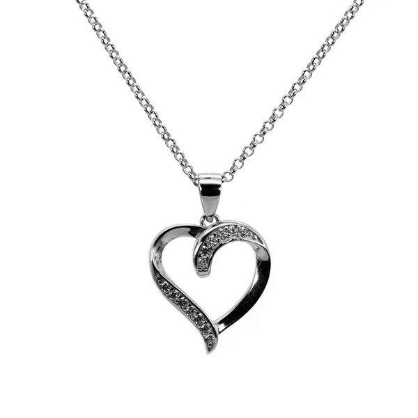 Circle Rolo Link Chain Halskette Anhänger Herz mit Zirkon 925 Sterling Silber