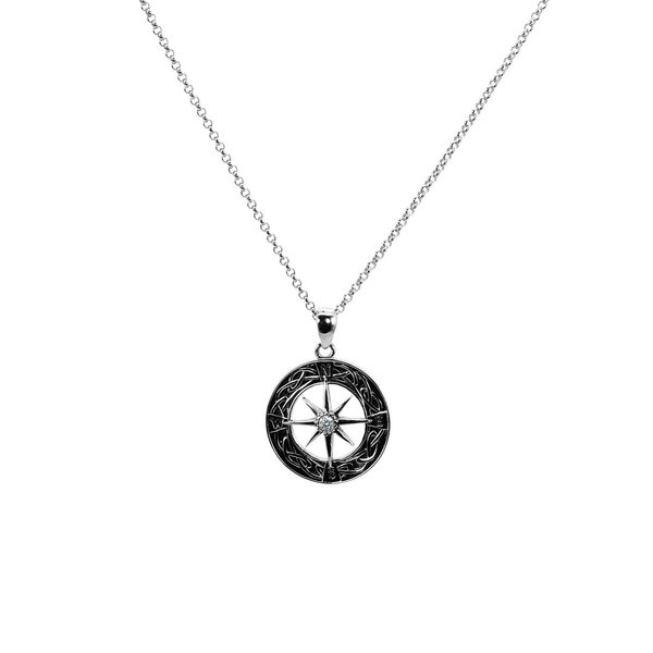 Circle Rolo Link Chain Halskette Anhänger Kompass Zirkon 925 Sterling Silber